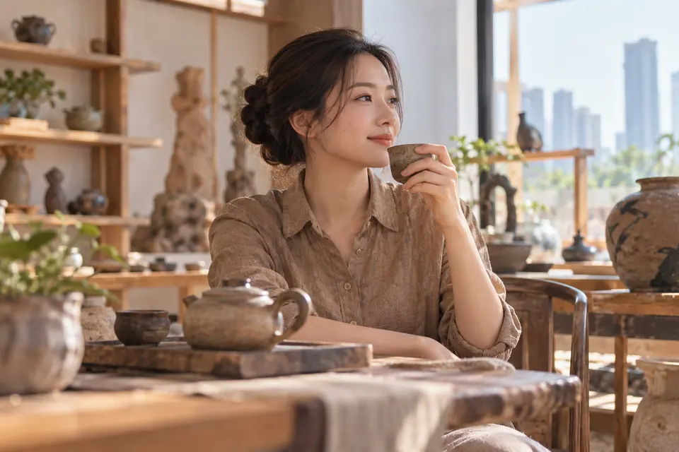 陶艺茶器与茶杯陈列，适合器物体验