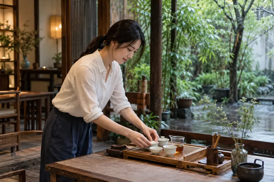 成都庭院茶席布置，竹制茶具与盖碗